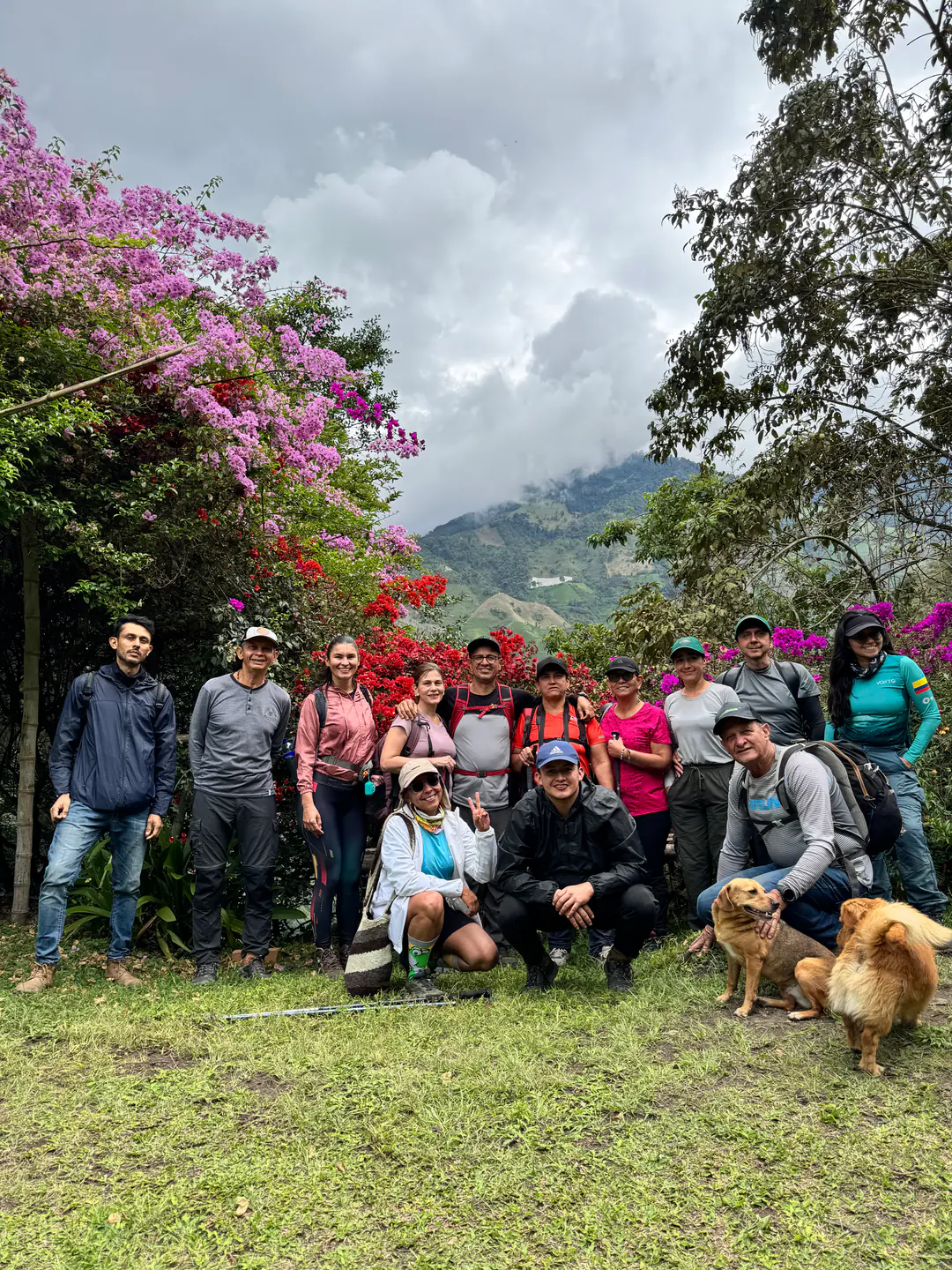 Grupo sonriente entre flores con la montaña y niebla de fondo